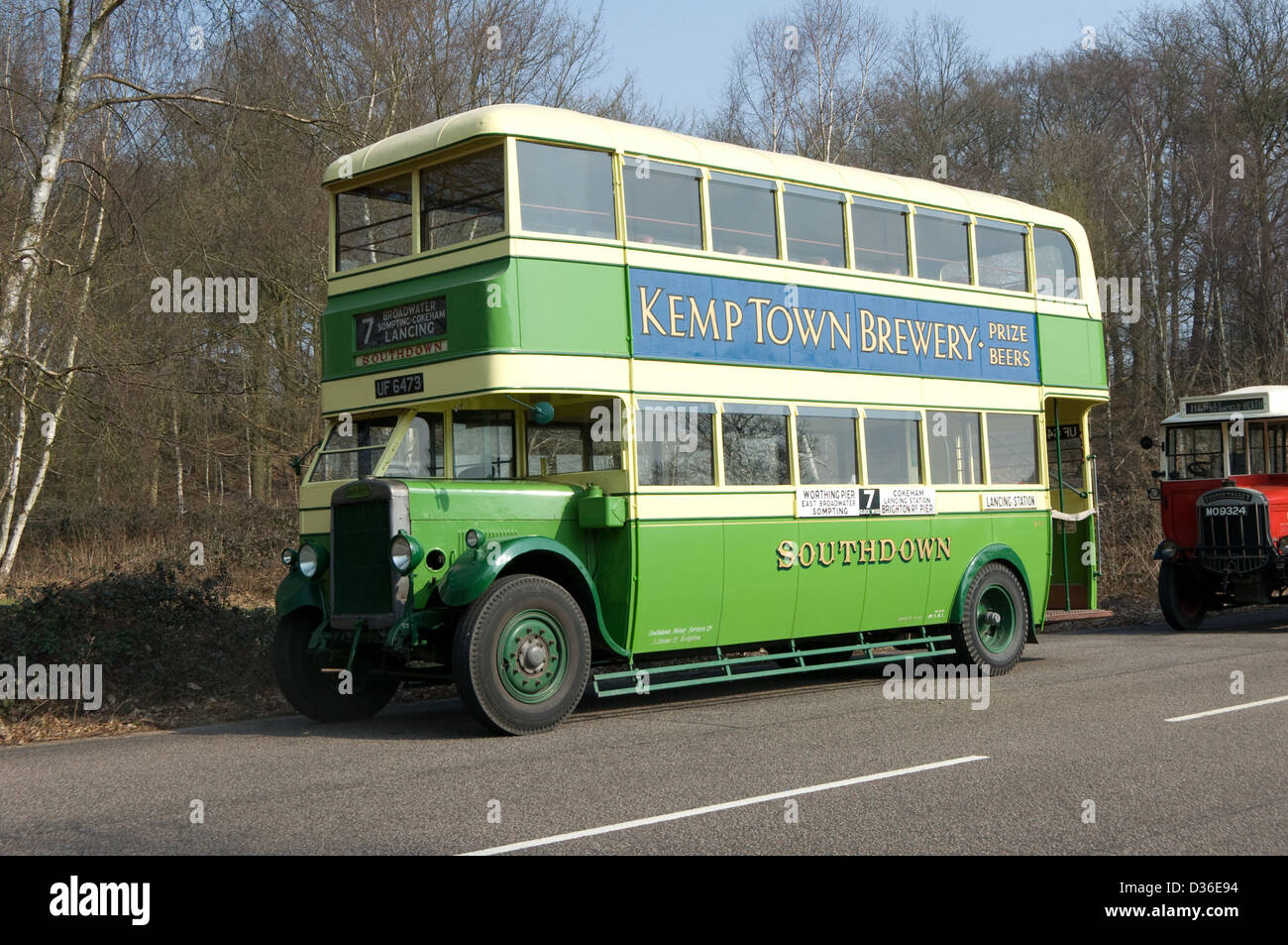 Eine restaurierte 1930 Leyland TD1 mit Leyland-Karosserie auf dem Display an einer Bus-Kundgebung in Chobham Surrey Stockfoto