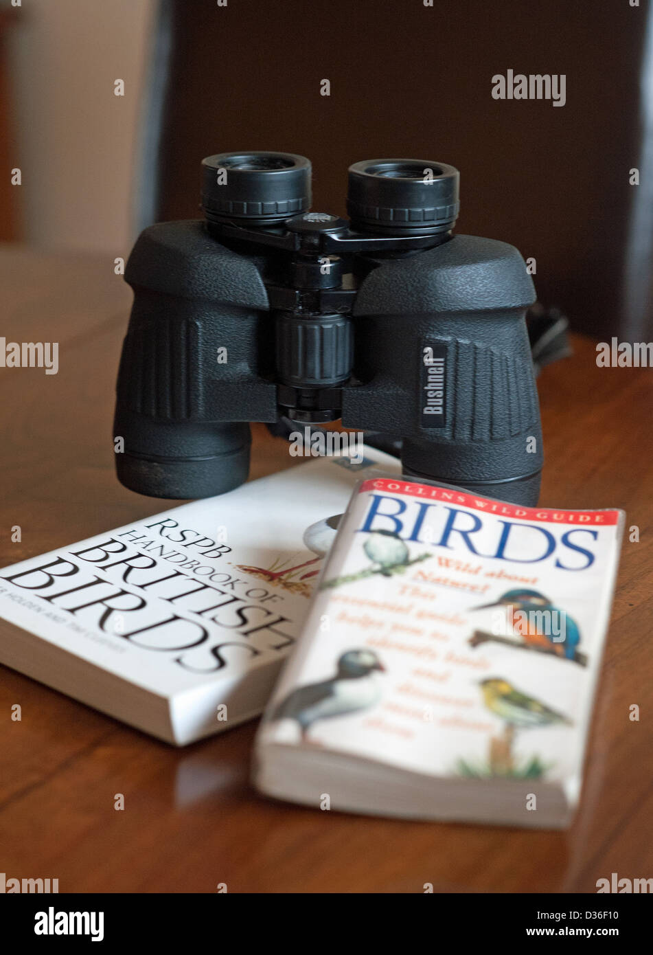 Bushnell Fernglas und Vogel Identifizierung Reiseführer herausgegeben vom RSPB und Collins Stockfoto