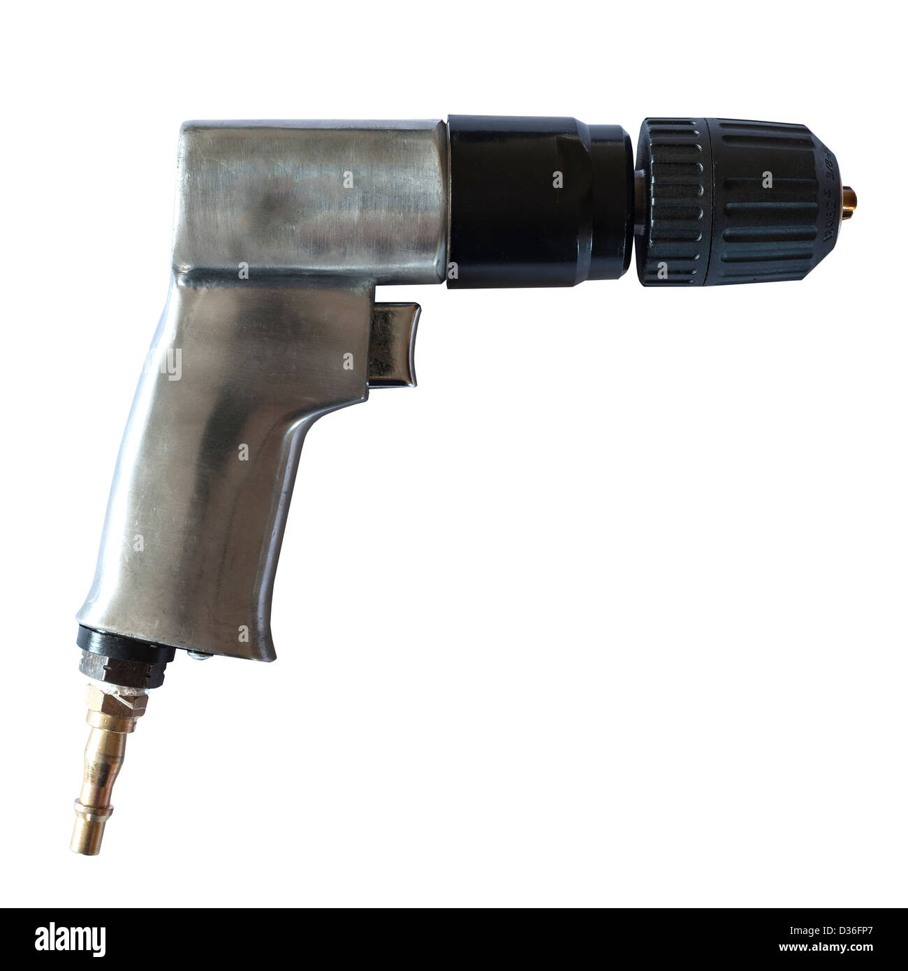 Ein schlüsselloses Bohrfutter Bohrer Werkzeug für den Einsatz mit einem Luftkompressor auf weißem Hintergrund Stockfoto