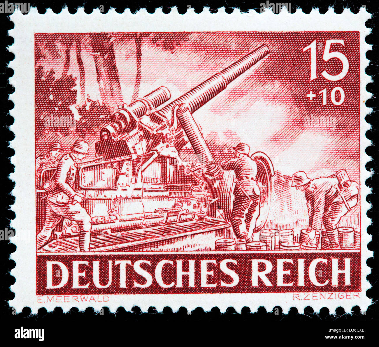 Schwere Artillerie, Briefmarke, Deutschland, 1943 Stockfoto
