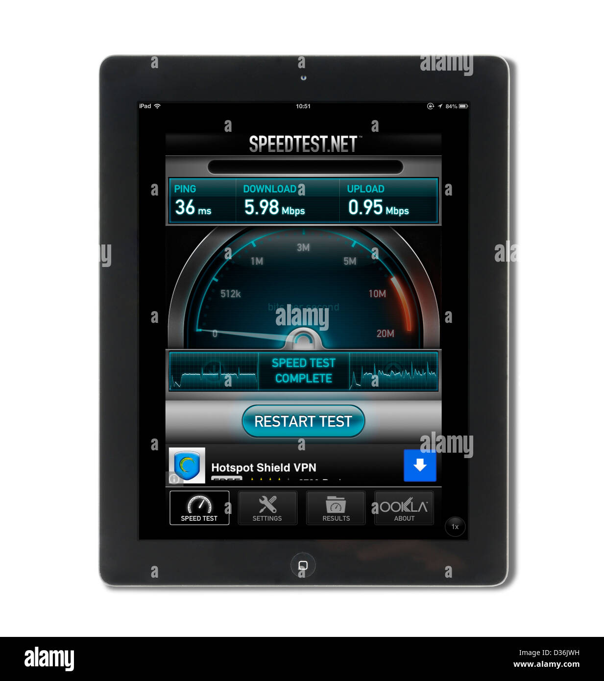 Mit Hilfe der Speedtest.net Breitband-Geschwindigkeit testen auf eine 4. Generation Apple iPad-app Stockfoto