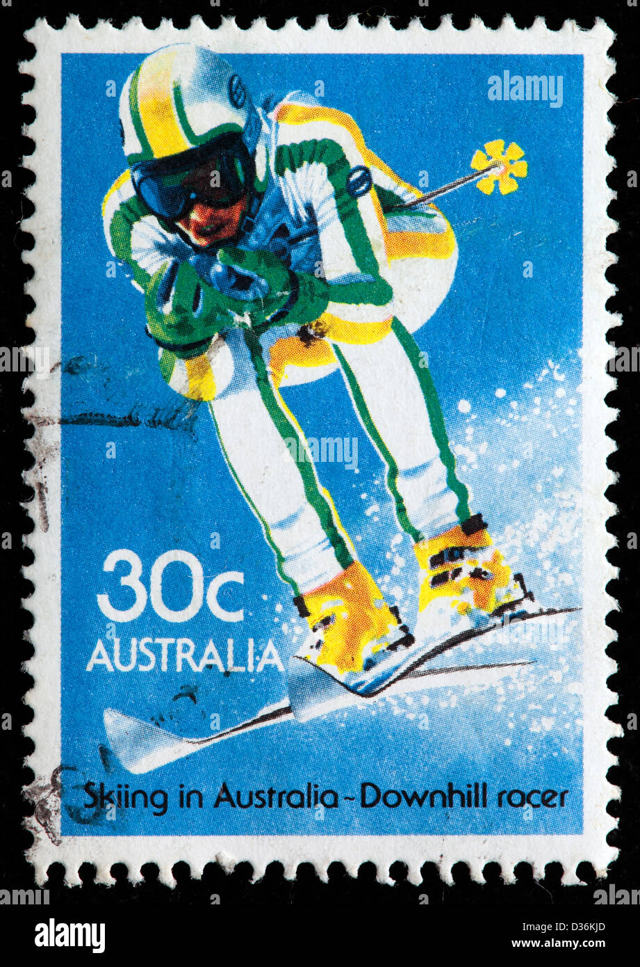 Skifahren in Australien, Abfahrer, Porto Stempel, Australien, 1984 Stockfoto