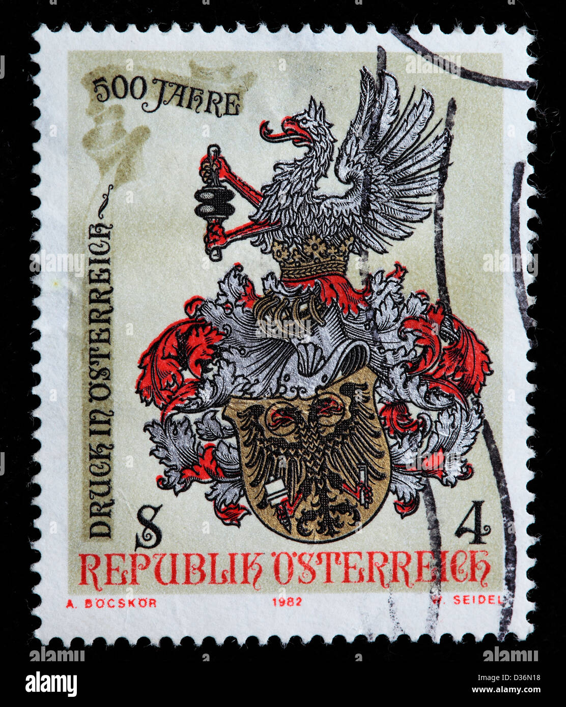 500. Geburtstag des Druckens in Österreich, Briefmarke, Österreich, 1985 Stockfoto