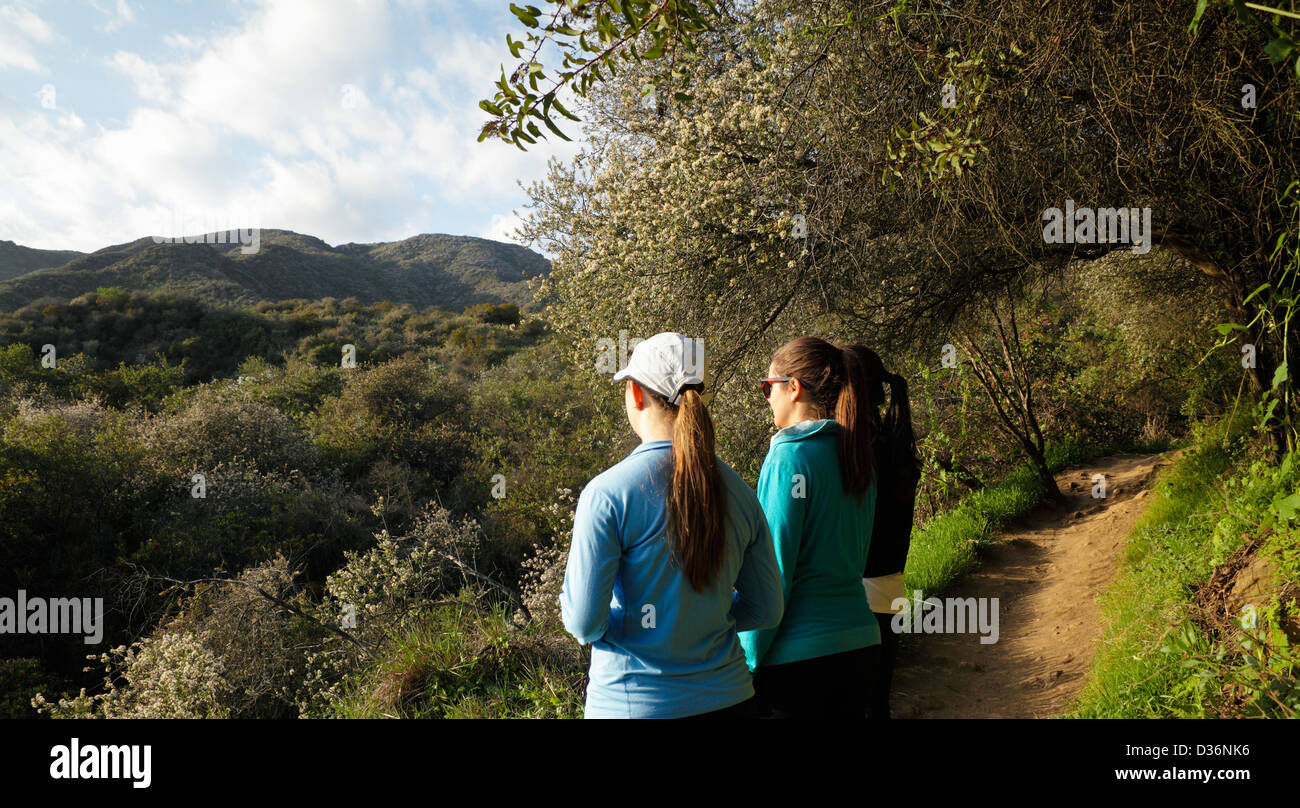 Wanderer unterwegs Los Leones (auch genannt Los Liones) Blick auf den Santa Monica Mountains Stockfoto