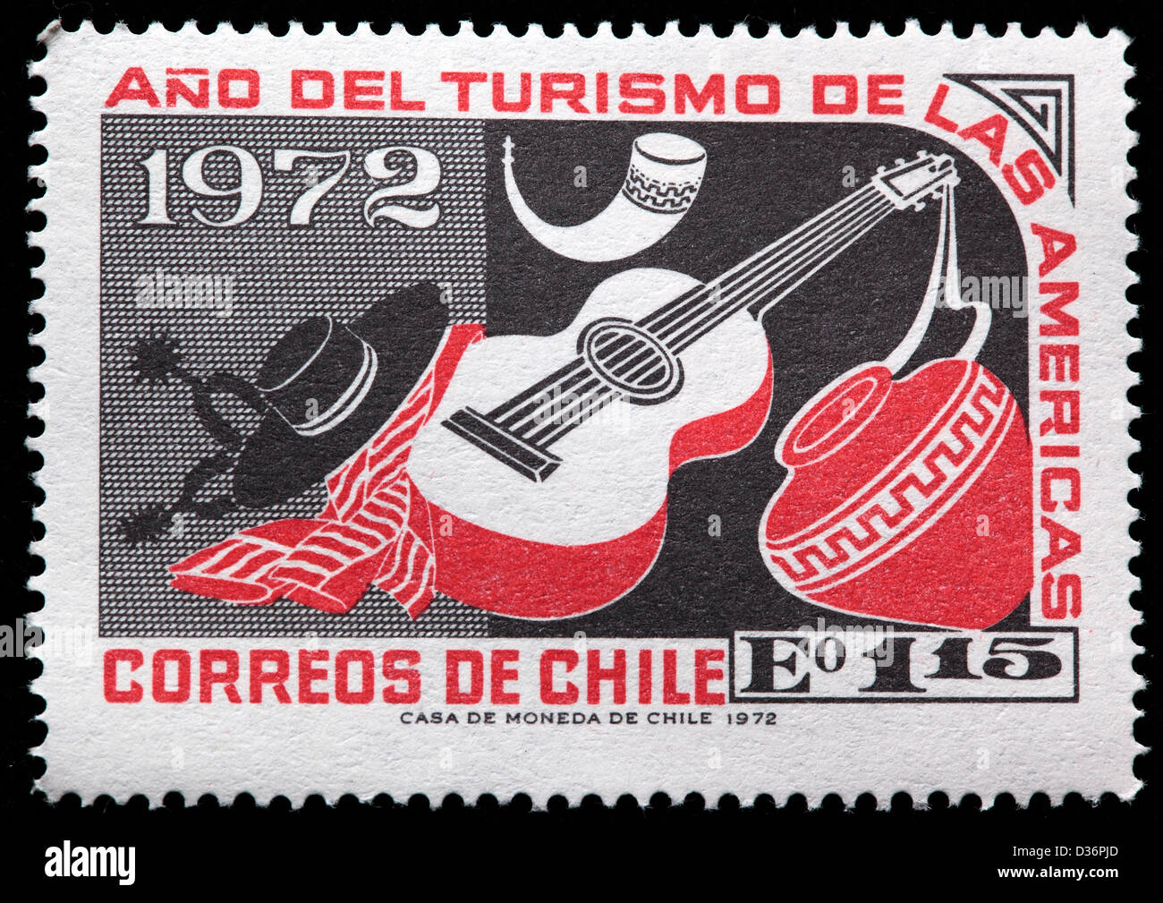 Gitarre und irdenen Krug, Briefmarke, Chile, 1972 Stockfoto