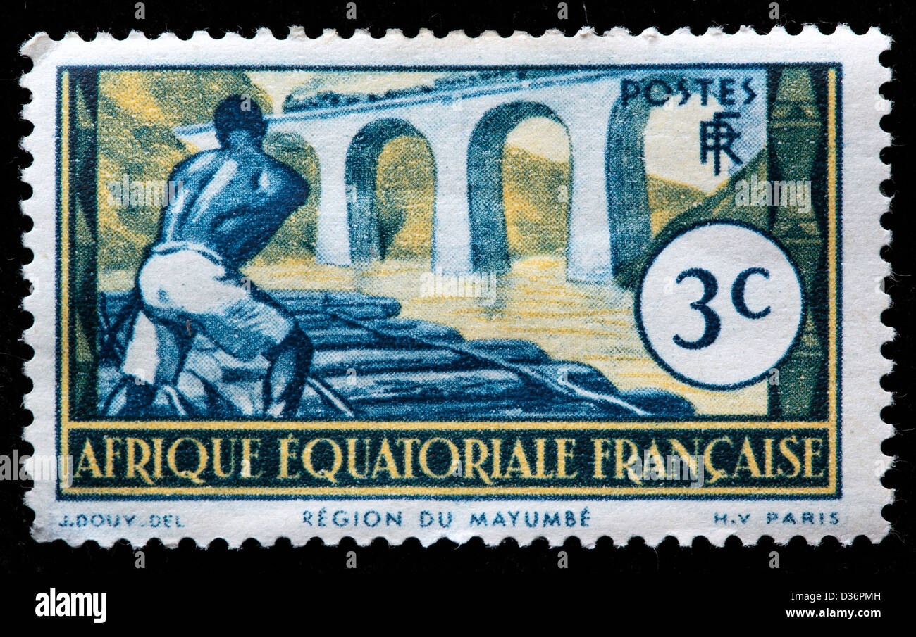 Protokollierung auf Loeme Fluss, Briefmarke, Kongo, 1937 Stockfoto
