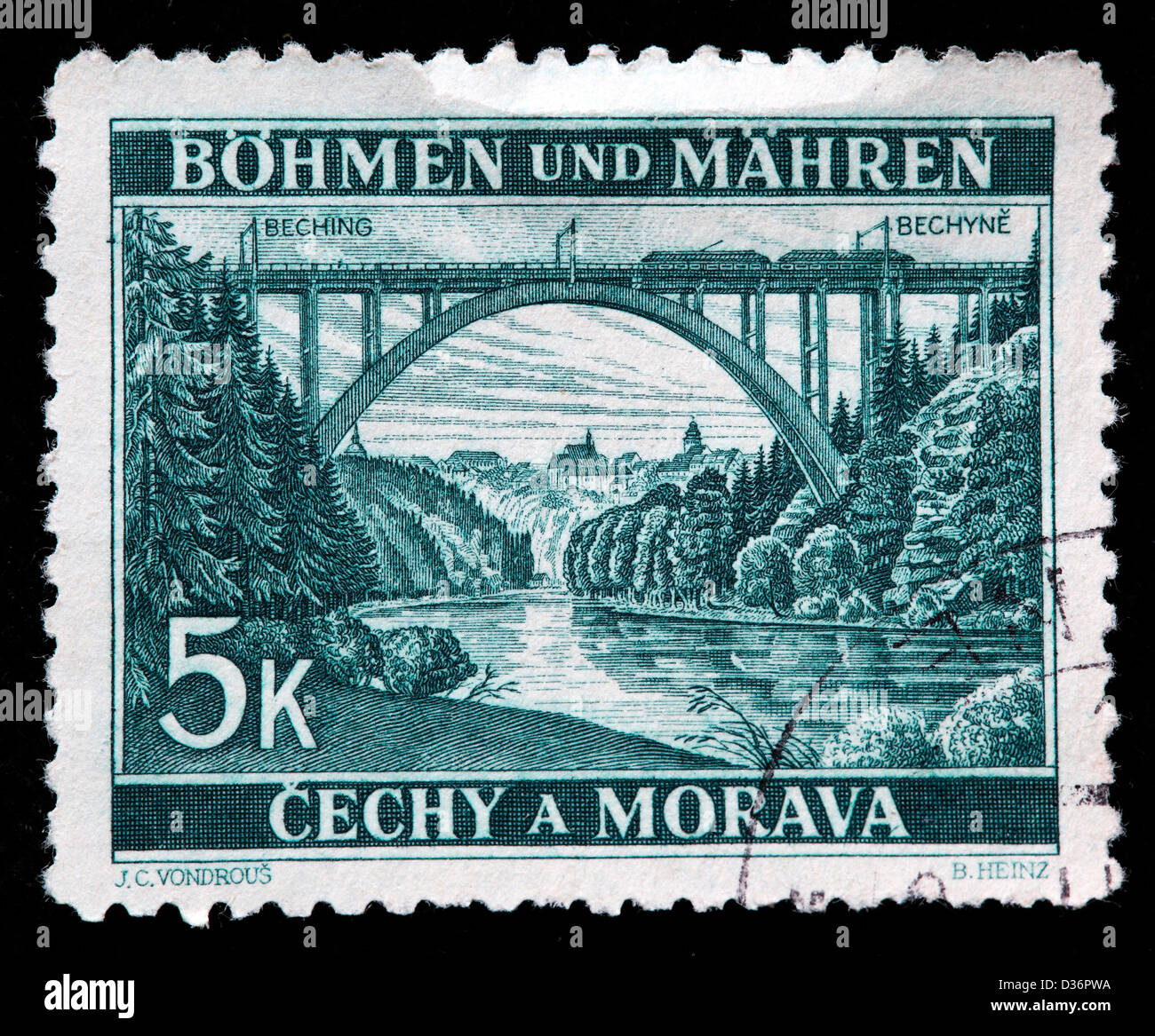 Lainsitz Brücke in der Nähe von Bechyne, Briefmarke, Tschechoslowakei, Böhmen und Mähren, 1939 Stockfoto