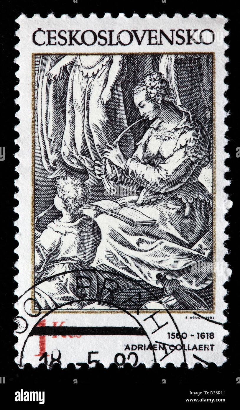 Frau Flötist, Gravur, Briefmarke, Tschechoslowakei, 1982 Stockfoto