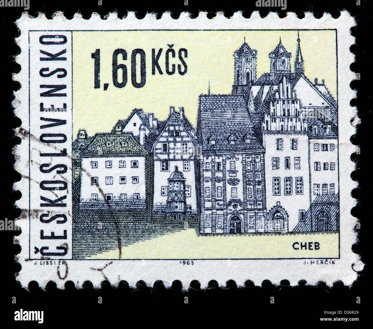 Ansicht der Stadt Cheb (Eger), Briefmarke, Tschechoslowakei, 1965 Stockfoto
