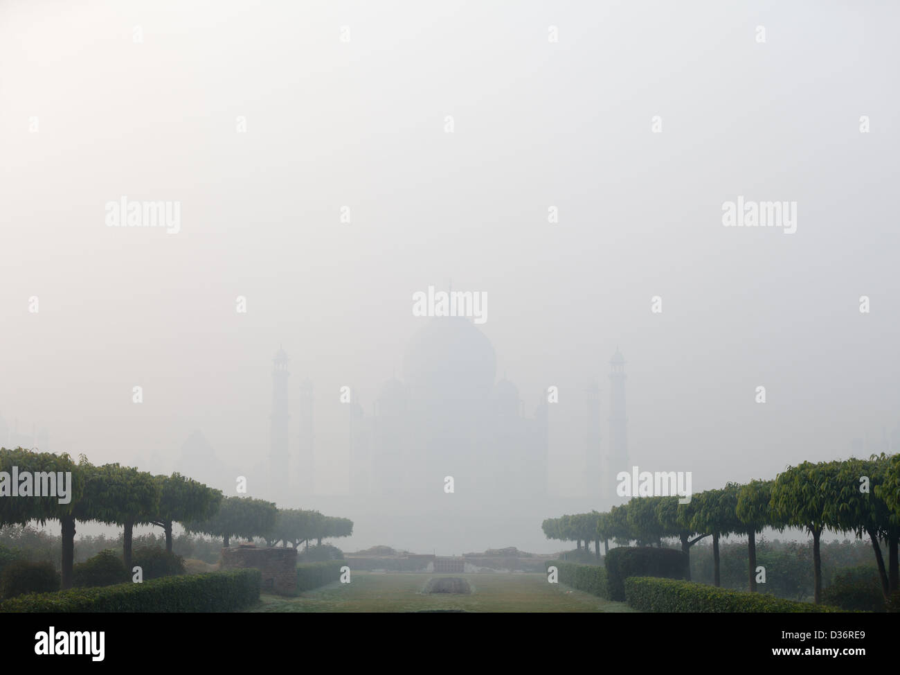 Indien, Agra, Taj Mahal in dichtem Nebel. Ansicht vom Park über den Fluss. Stockfoto