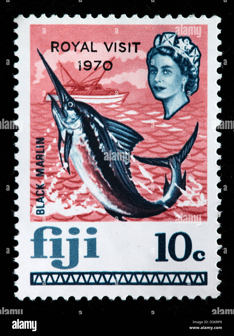 Schwarzer Marlin (Makaira Indica), Briefmarke, Fidschi, 1968 Stockfoto