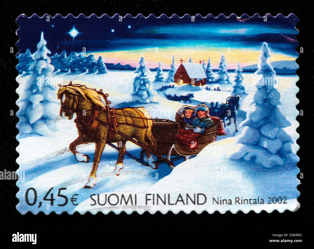 Pferdekutsche, Briefmarke, Finnland, 2002 Stockfoto