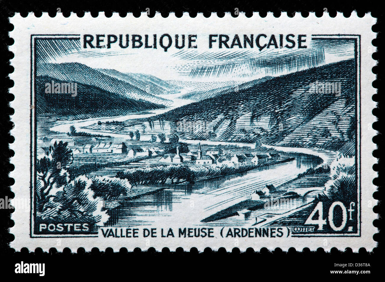 Maas-Tal, Ardennen, Briefmarke, Frankreich, 1949 Stockfoto