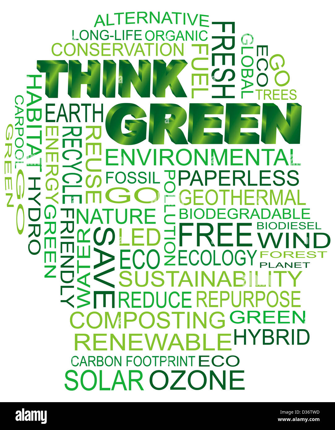 Denken Sie Grün Eco Menschenkopf Wortwolke isoliert auf weißem Hintergrund Illustration Silhouette Stockfoto
