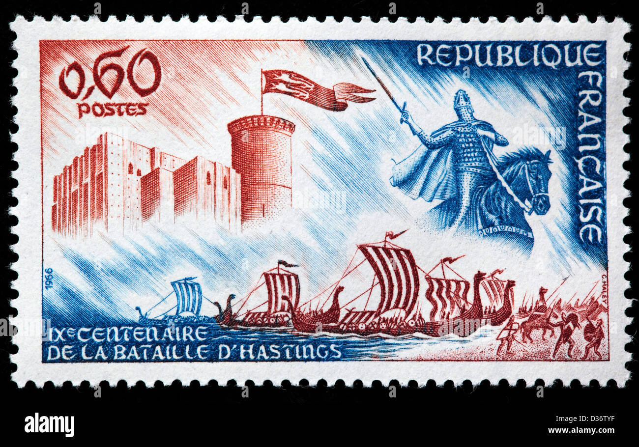 Wilhelm der Eroberer, Burg und Norman Schiffe, 900. Jahrestag der Schlacht von Hastings, Briefmarke, Frankreich, 1966 Stockfoto