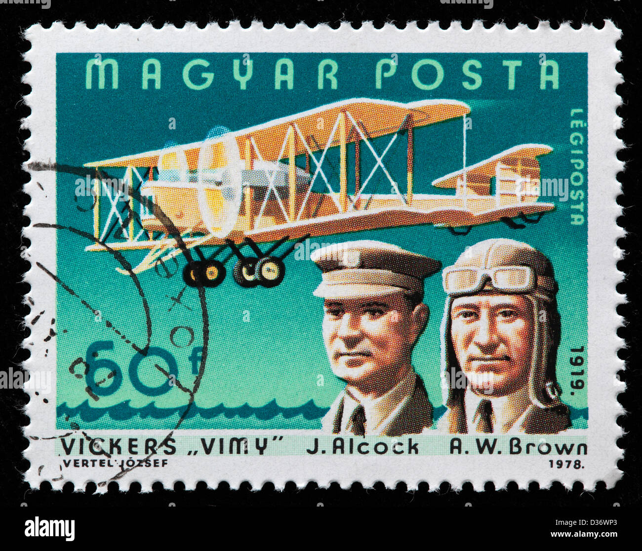 J. Alcock & R. W. Brown, Vickers Vimy (1919), Porto Stempel, Ungarn, 1978 Stockfoto