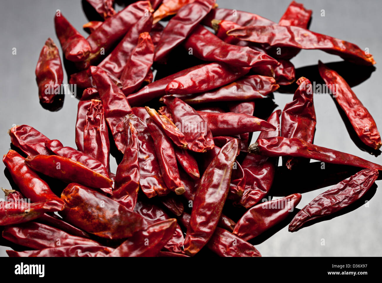 Getrocknete rote Chilischoten. Studio gedreht. Scharf und würzig Stockfoto