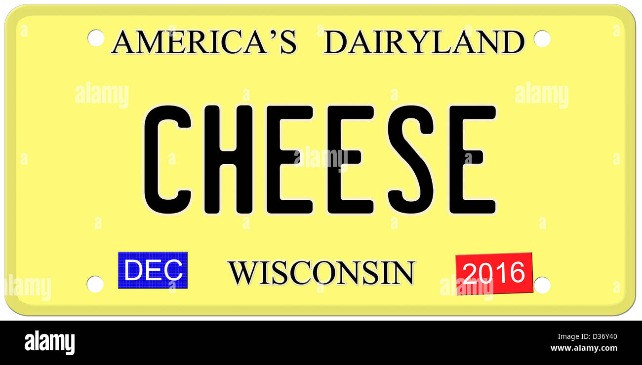 Eine Nachahmung Wisconsin Nummernschild mit Dezember 2016 Aufklebern und Käse drauf machen ein tolles Konzept geschrieben. Stockfoto