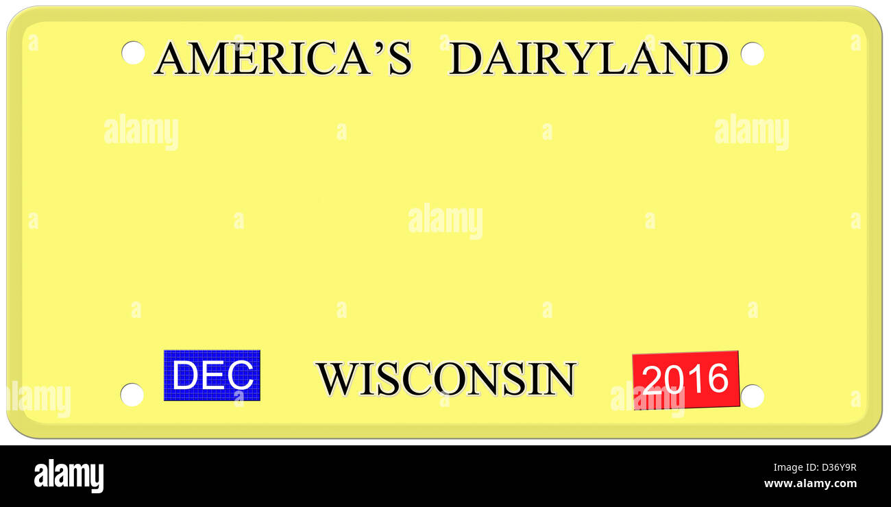 Ein leeres Nachahmung Wisconsin Nummernschild mit Dezember 2016 Aufkleber bereit für Ihren Text drauf machen ein tolles Konzept. Stockfoto