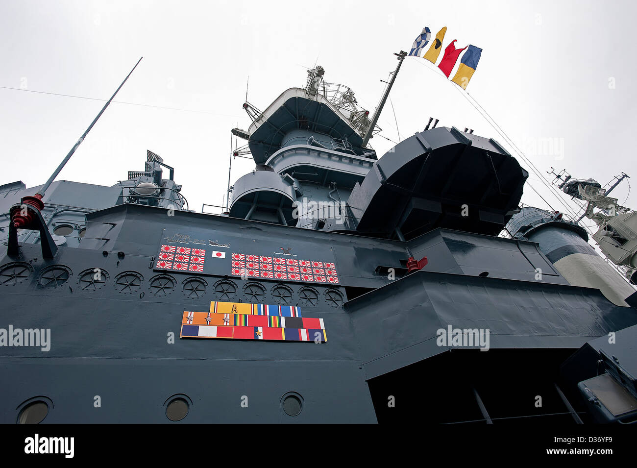 Schlachtschiff USS North Carolina, BB-55, zeigt es die japanische Kampagne Markierungen sowie seine Ehrungen und Auszeichnungen. Stockfoto