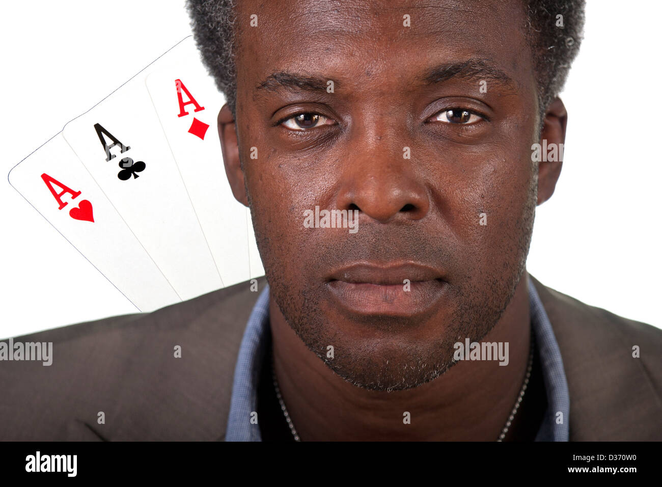Poker-Spieler mit Gewinnerhand, 3 Asse Stockfoto