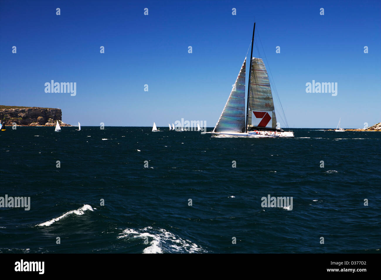 Hobart zu Sydney Racing Yacht segeln im sonnigen blauen Himmel im Hafen von Sydney Stockfoto