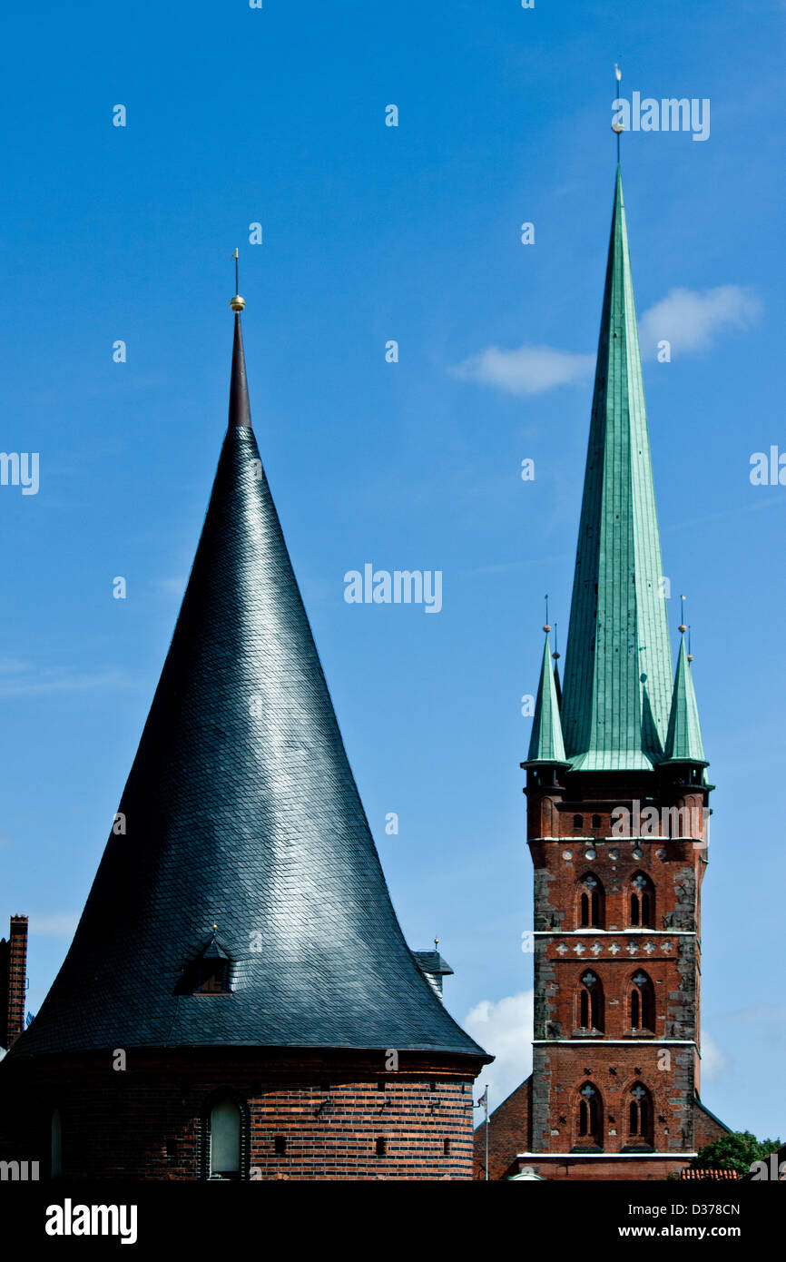 Holstentor Dächer, Lübeck Deutschland Stockfoto