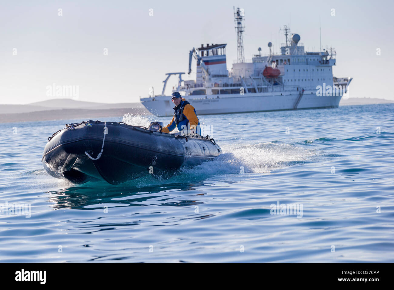 Tourguide auf dem Tierkreis mit Akademik Sergey Vavilov Kreuzfahrtschiff im Hintergrund, Scoresbysund, Grönland Stockfoto