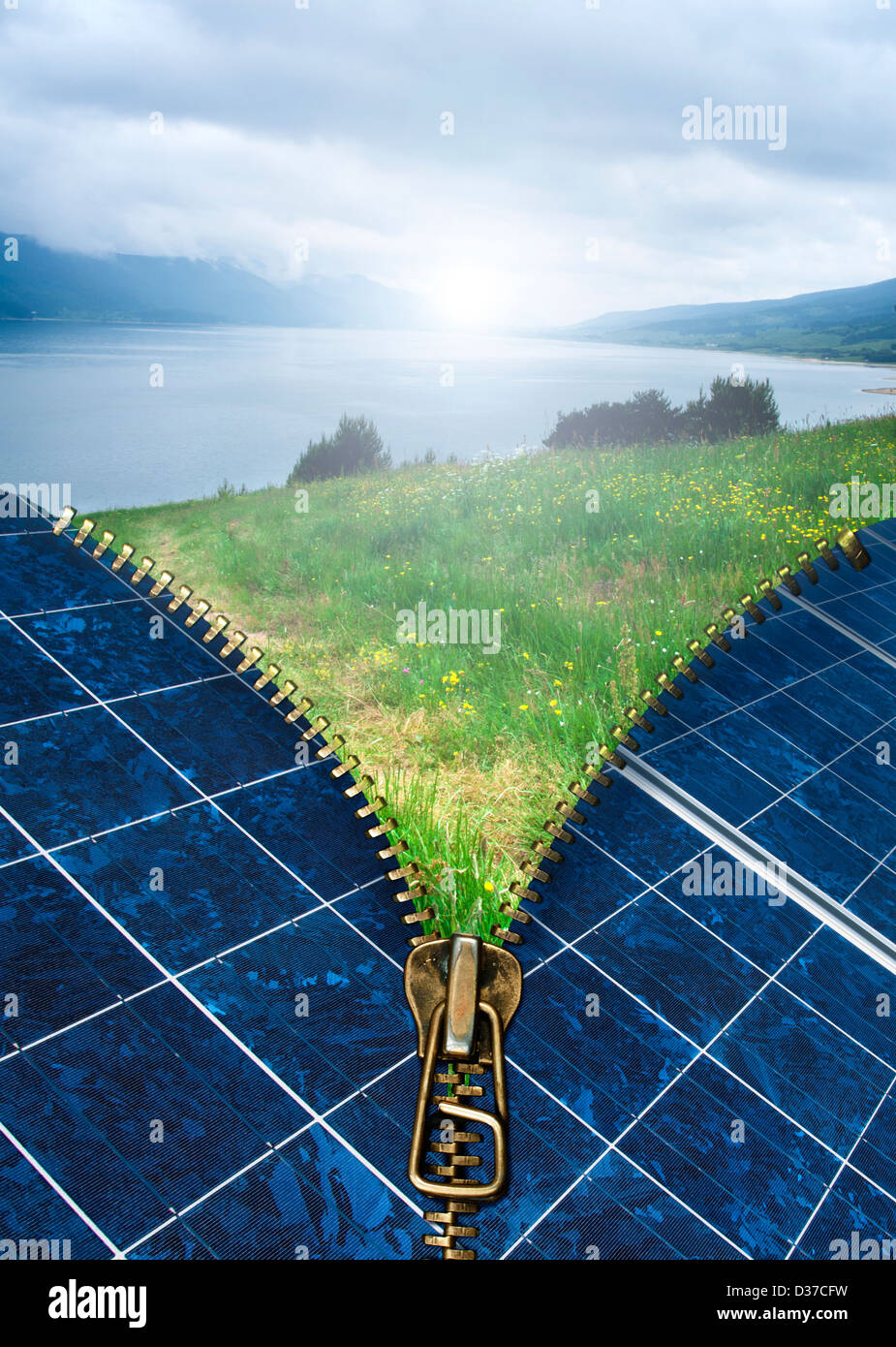 Ökologie-Konzeption mit Reißverschluss und Sonnenkollektoren. Naturlandschaft Stockfoto