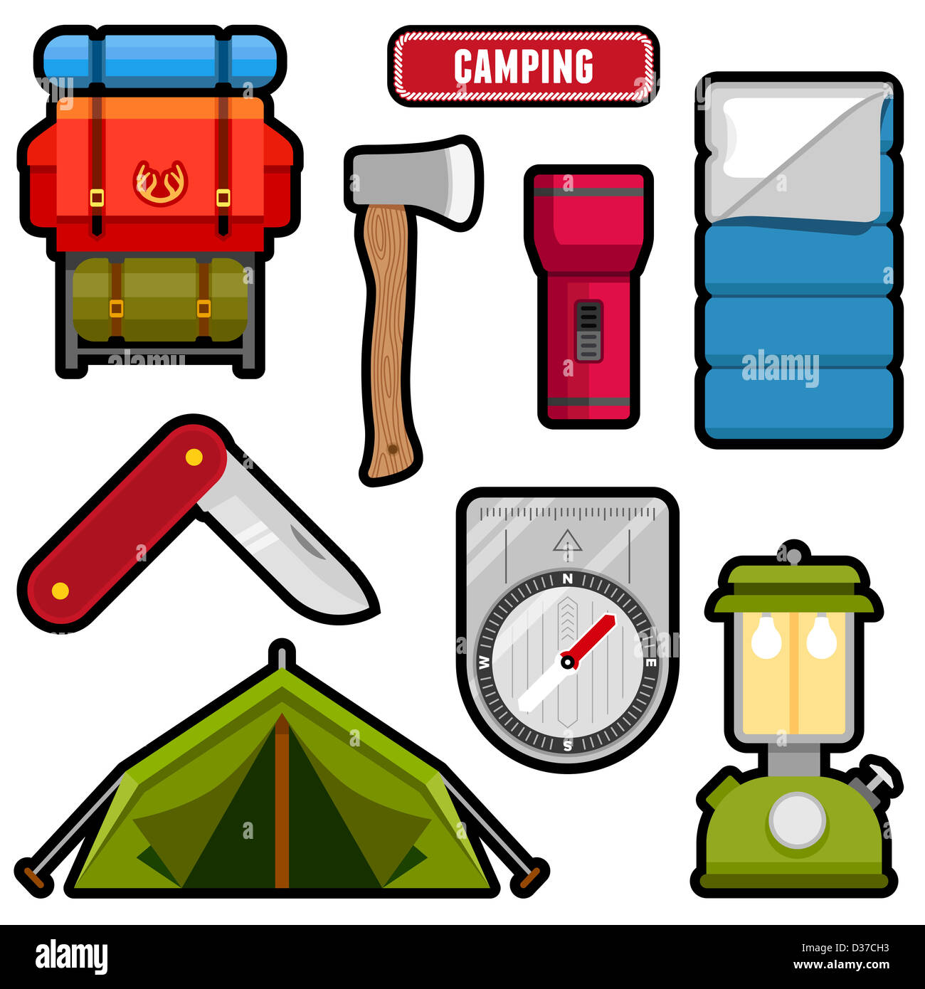 Satz von camping Ausrüstung Grafiken und Symbole Stockfoto