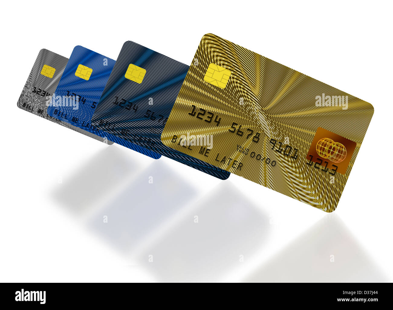 Vier geneigt Kreditkarten auf weißem Hintergrund Stockfoto