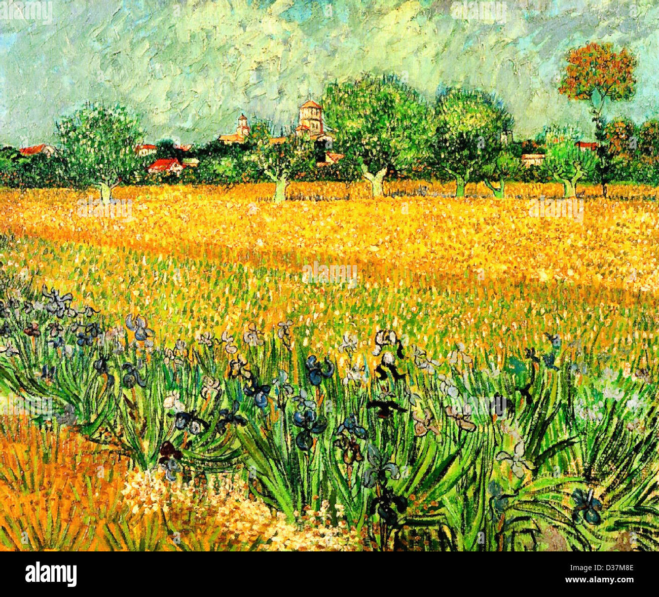 Vincent Van Gogh, Ansicht von Arles mit Schwertlilien im Vordergrund. 1888. Post-Impressionismus. Öl auf Leinwand. Stockfoto