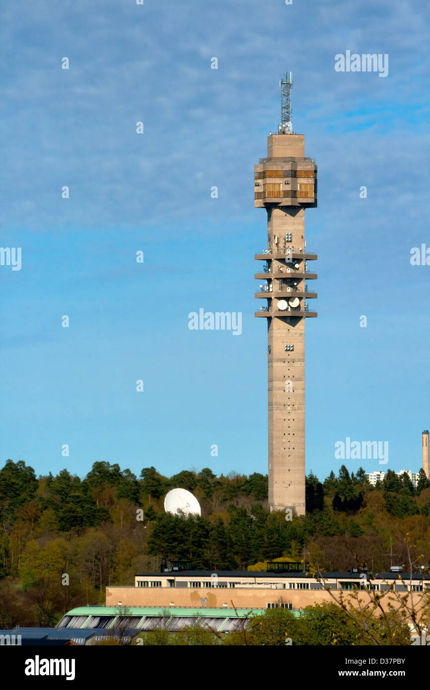 Frühlingslandschaft mit einem Fernsehturm vor blauem Himmel Stockfoto