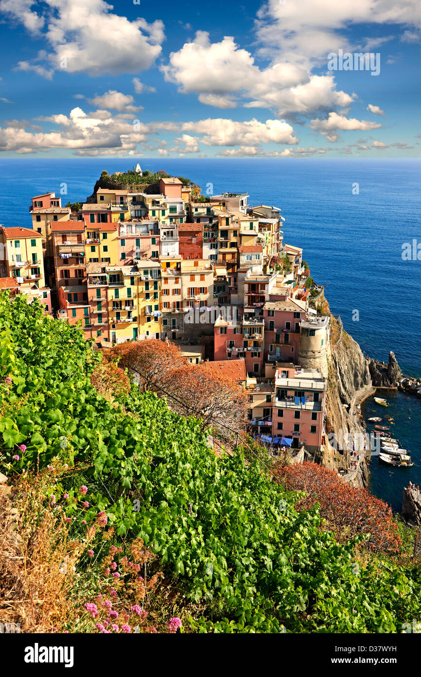 Foto von der Fischerei Hafen von Manarola, Nationalpark Cinque Terre, Ligurien, Italien Stockfoto