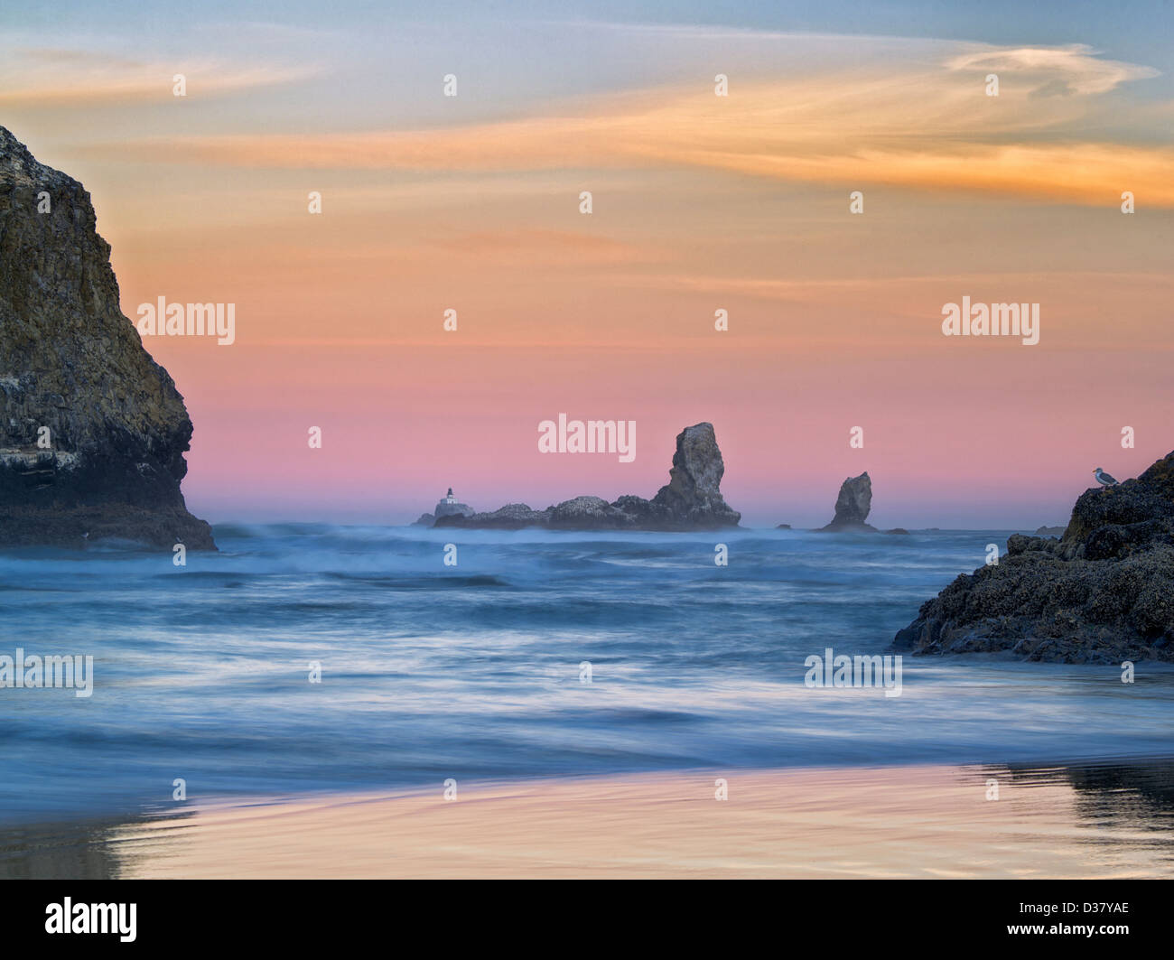 Tillamook Felsen Leuchtturm bei Sonnenaufgang. Oregon Stockfoto