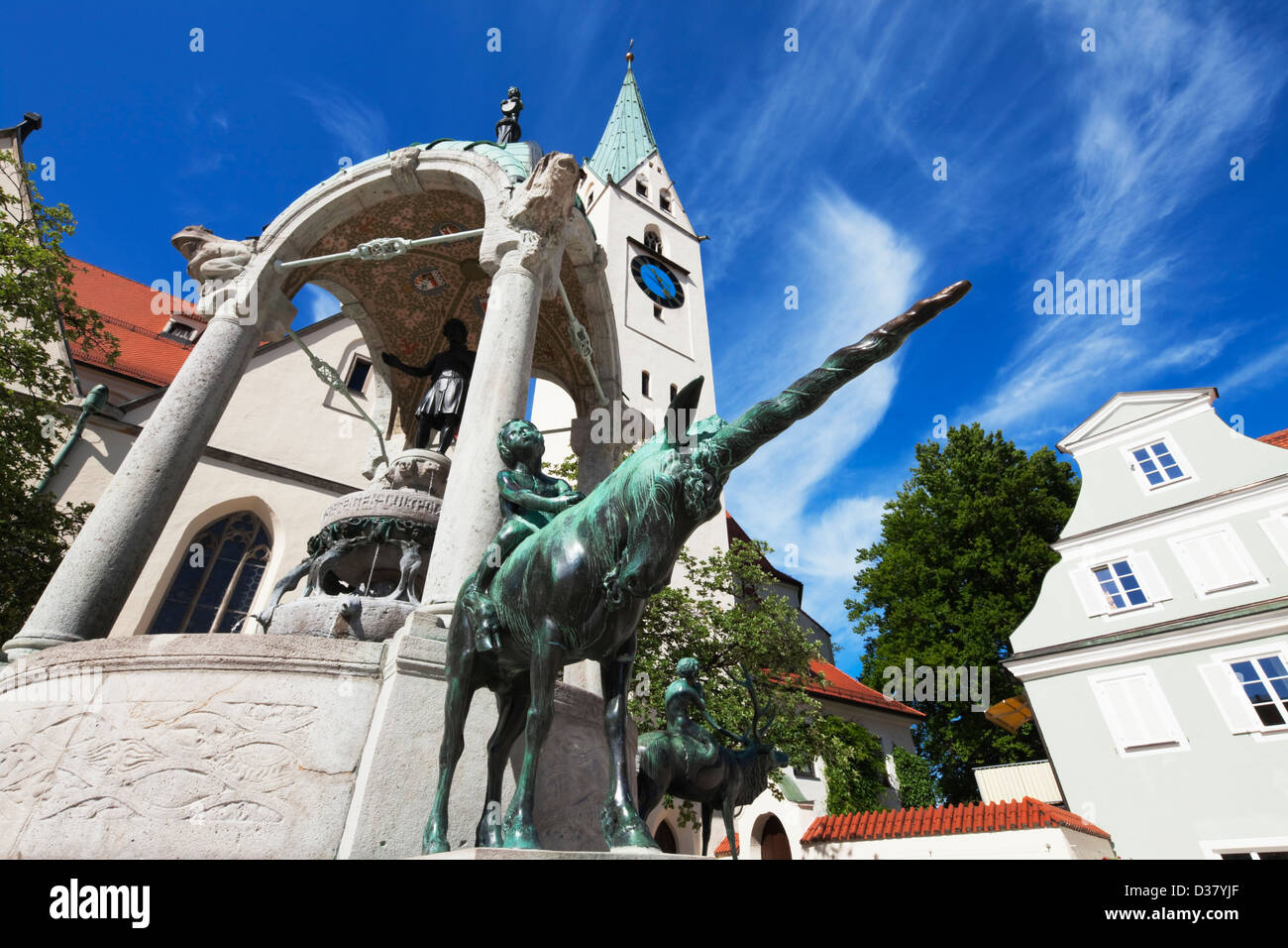 Statue in St. Mang Platz, St. Mang Kirche, Kempten, Allgäu, Bayern, Deutschland Stockfoto