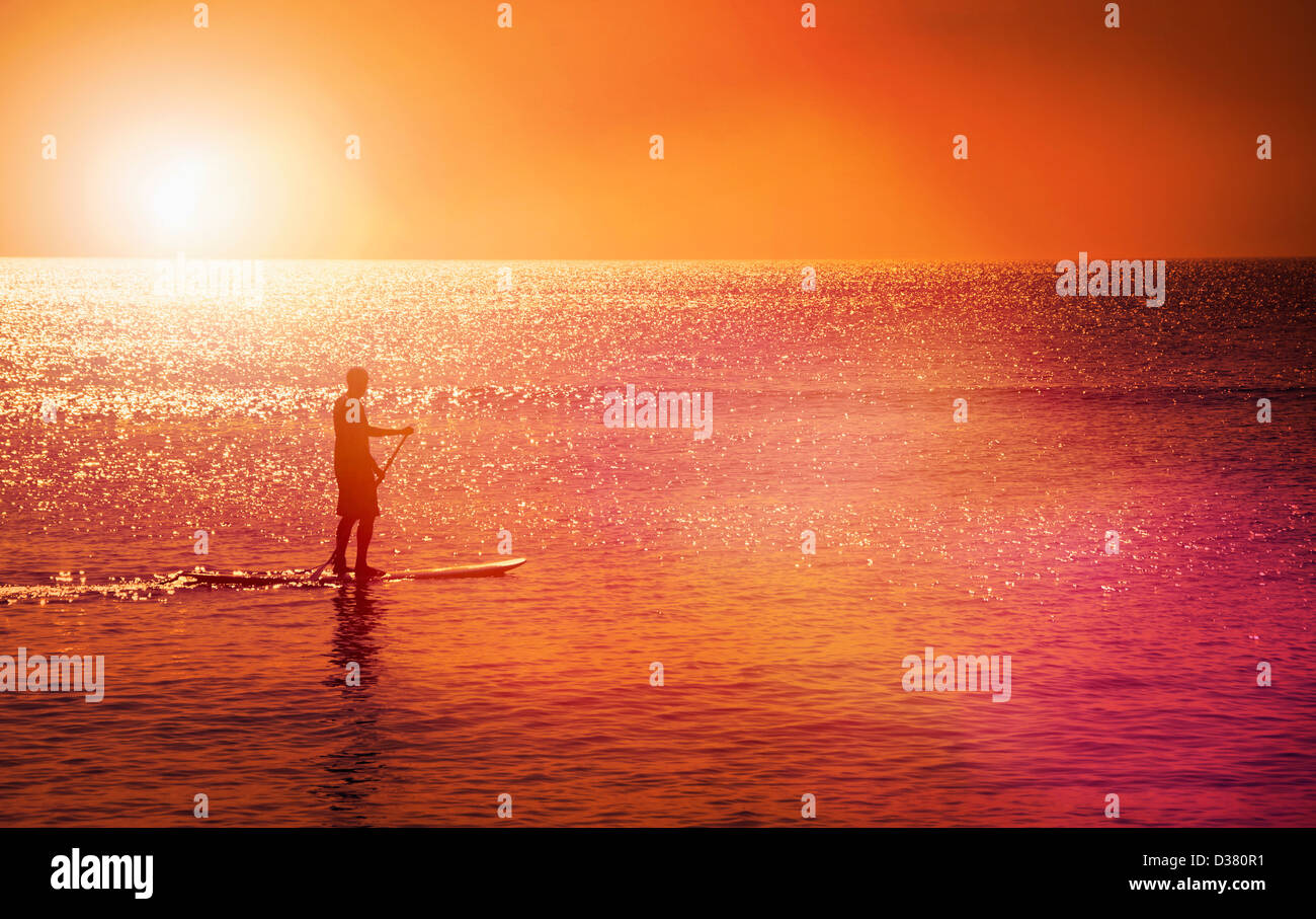 usa north carolina nags head mann stehend auf paddel board bei sonnenuntergang d380r1