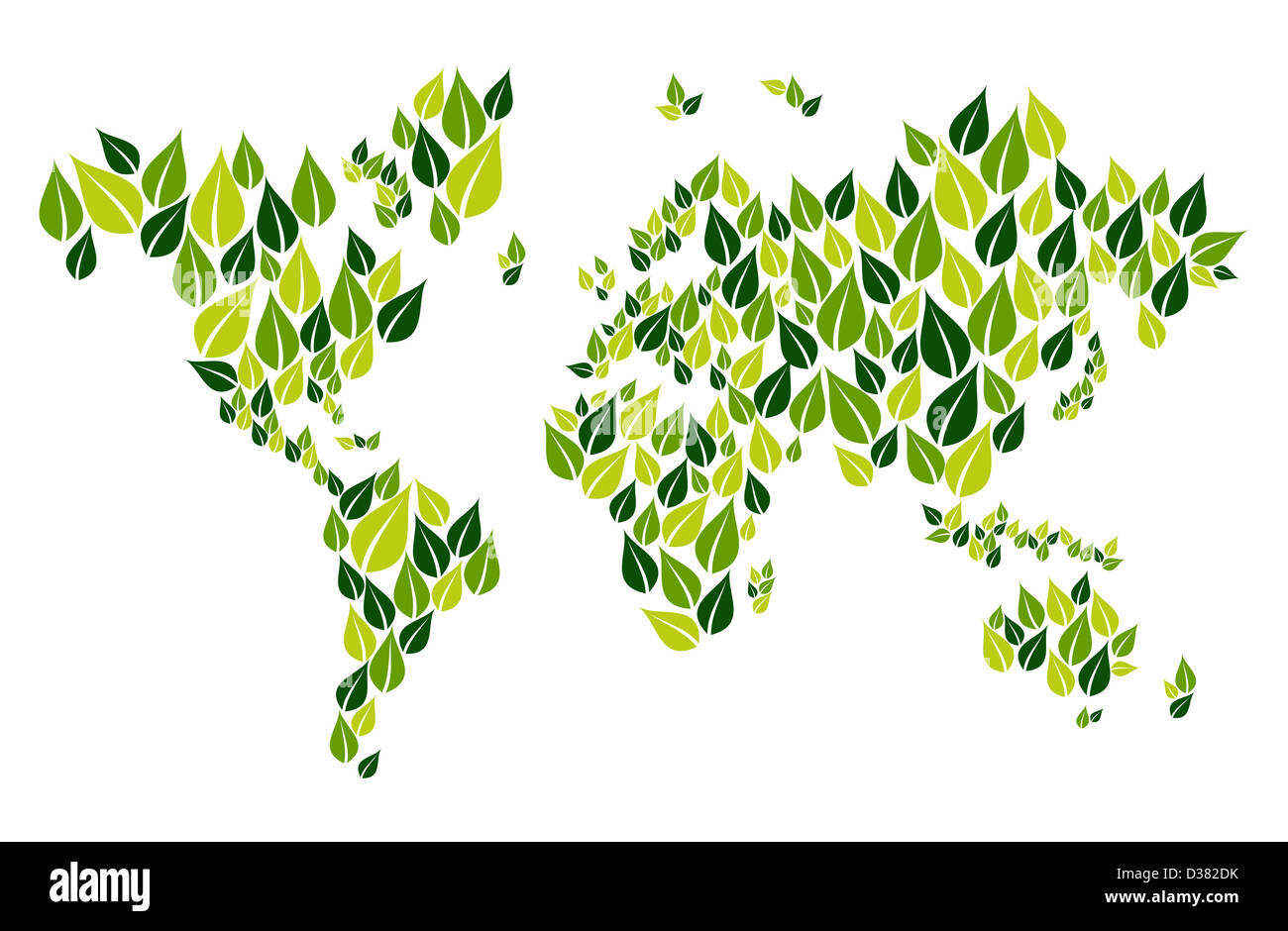 Grüne Blätter in der Welt Karte Form isoliert auf weiß. Vektor-Datei geschichtet für einfache Handhabung und individuelle Farbgebung. Stockfoto