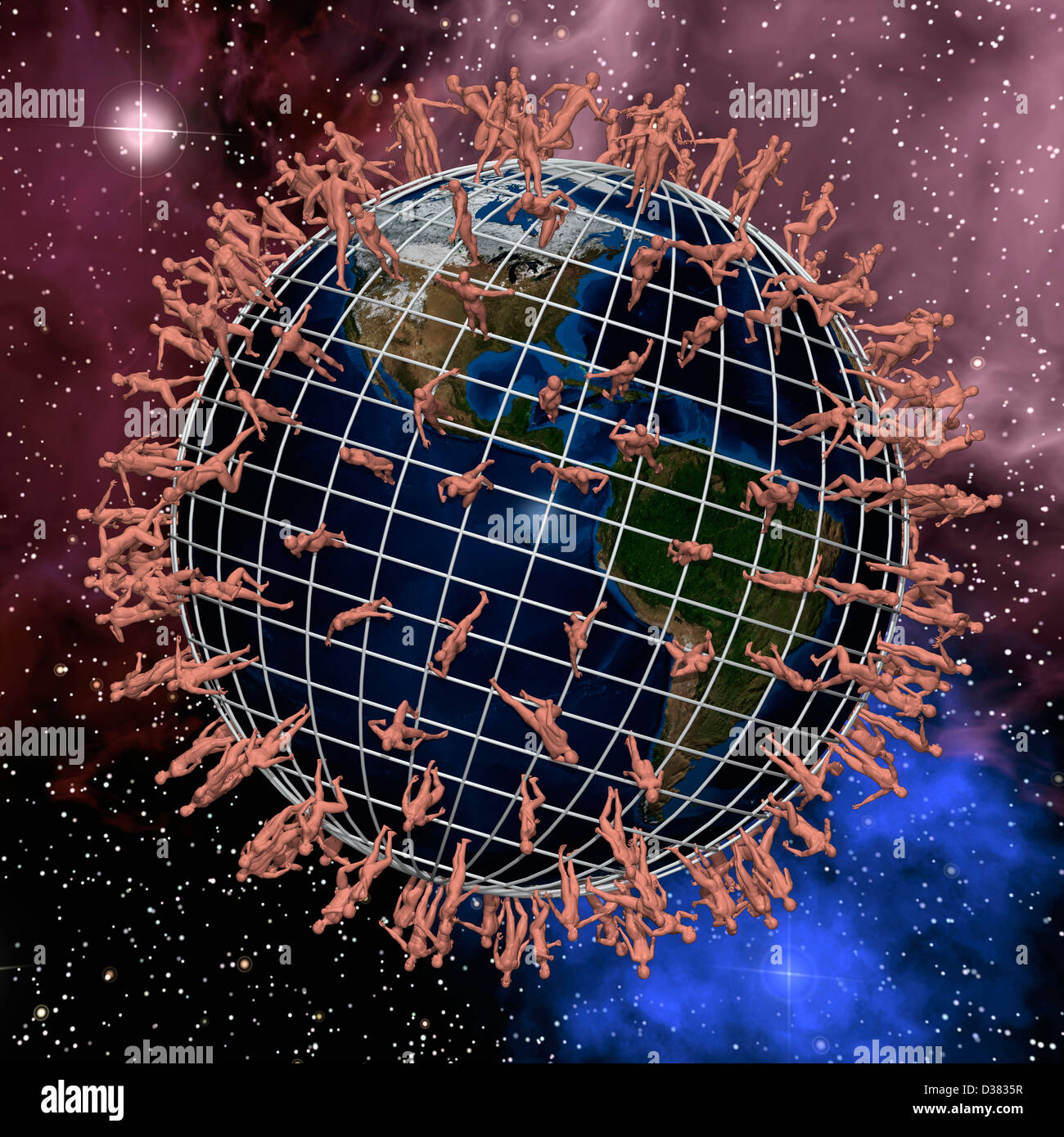 Erde überfüllt mit nackten Menschen Stockfoto