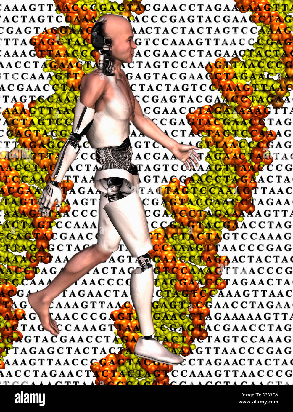 Cyborg zu Fuß auf DNA-Sequenz Hintergrund Stockfoto