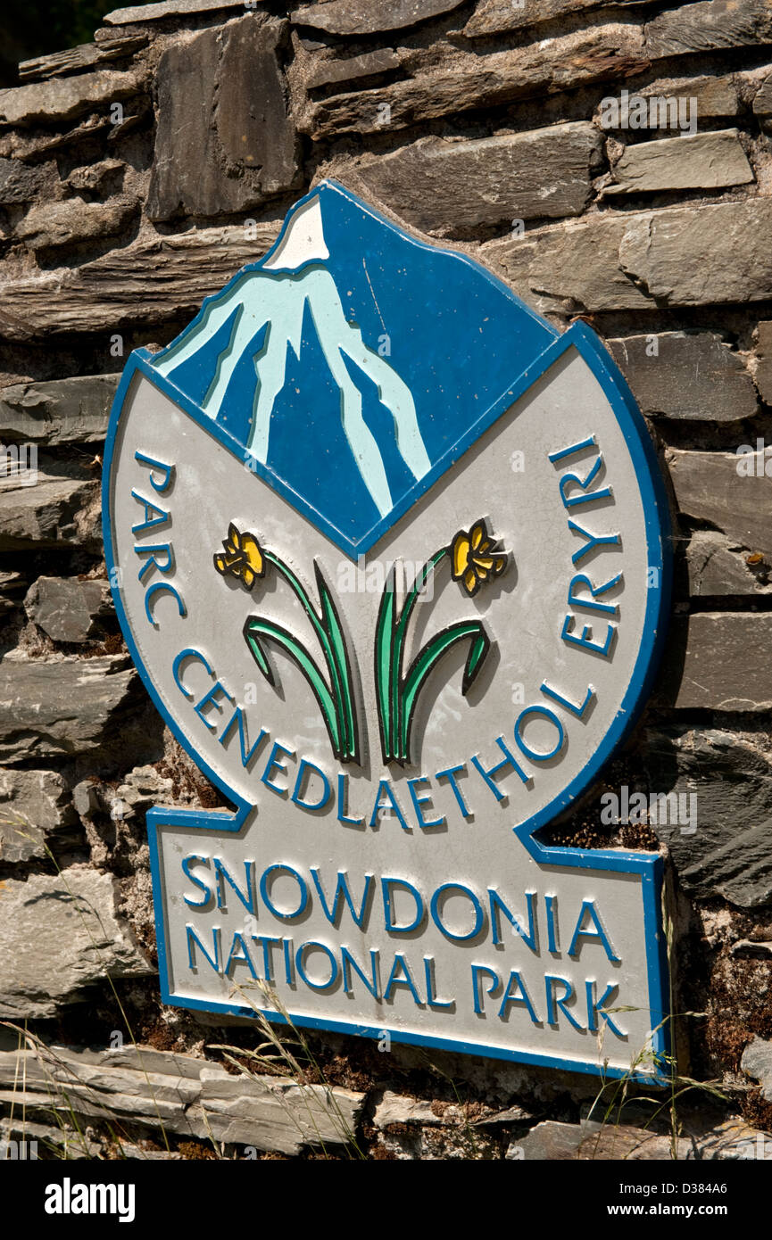 Snowdonia-Nationalpark Zeichen Parc Cenedlaethol Eryri Stockfoto