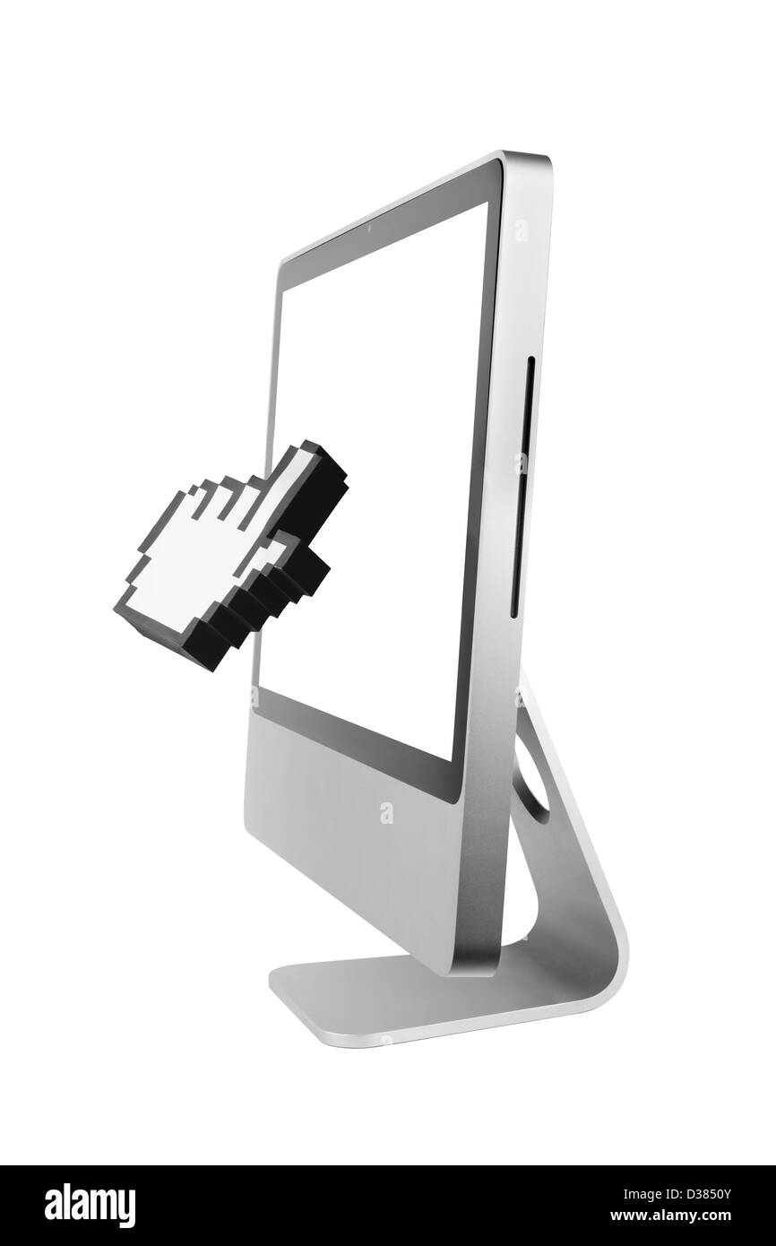 Computer mit einem Handcursor in Papercraft über weißem Hintergrund gemacht Stockfoto