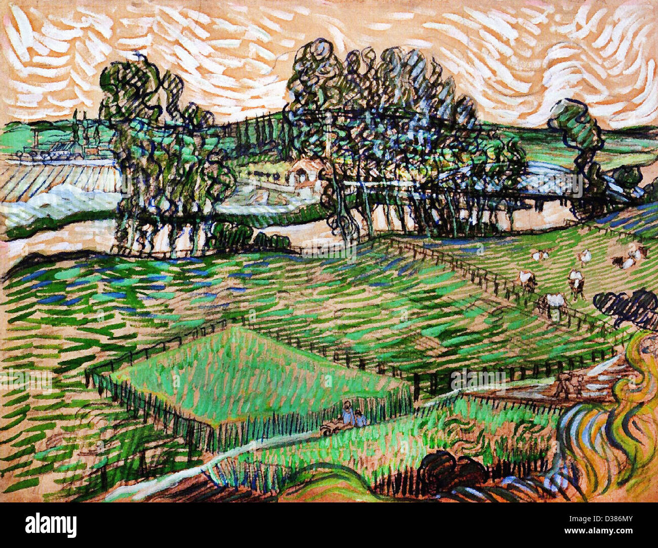 Vincent Van Gogh, Landschaft mit Brücke über die Oise. 1890. Post-Impressionismus. Aquarell. Tate Gallery, London, UK. Stockfoto