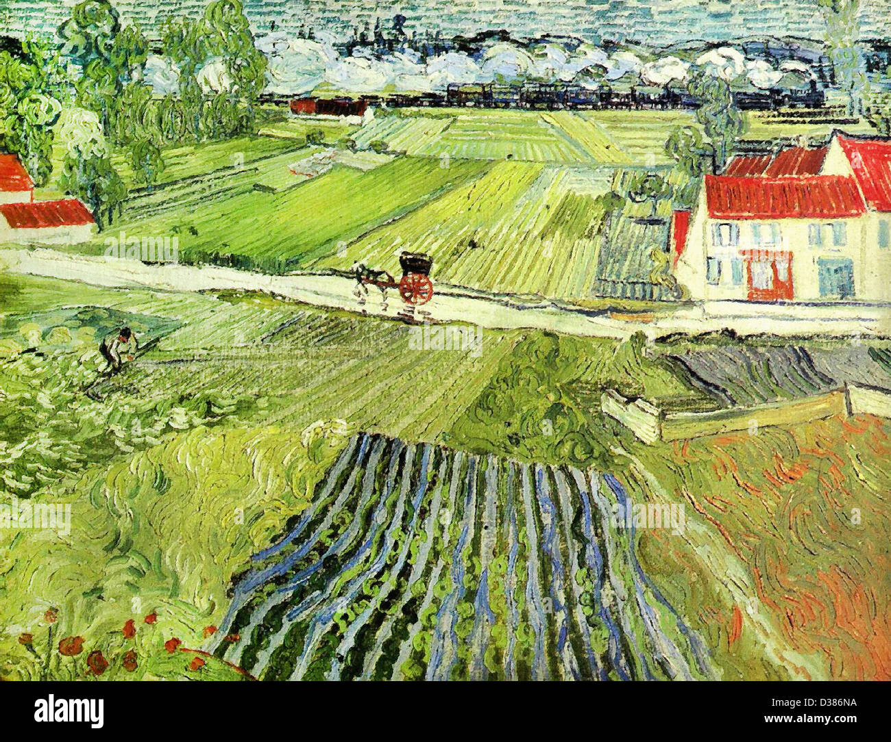 Vincent Van Gogh, Landschaft mit Kutsche und Zug. 1890. Post-Impressionismus. Öl auf Leinwand. Puschkin-Museum der schönen Künste, Moskau Stockfoto