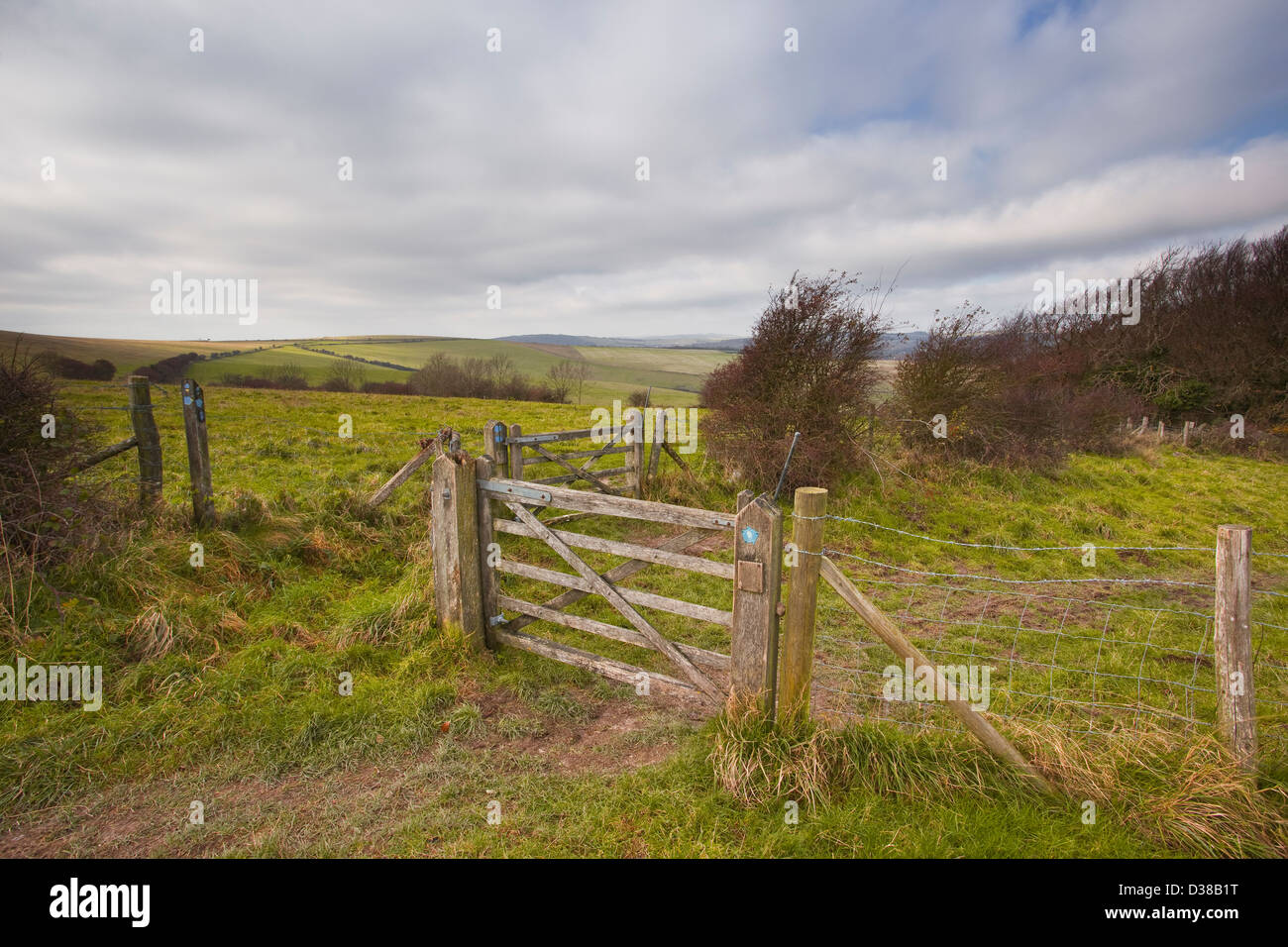 Ein offenes Tor gelangt man auf den South Downs National Park. Stockfoto