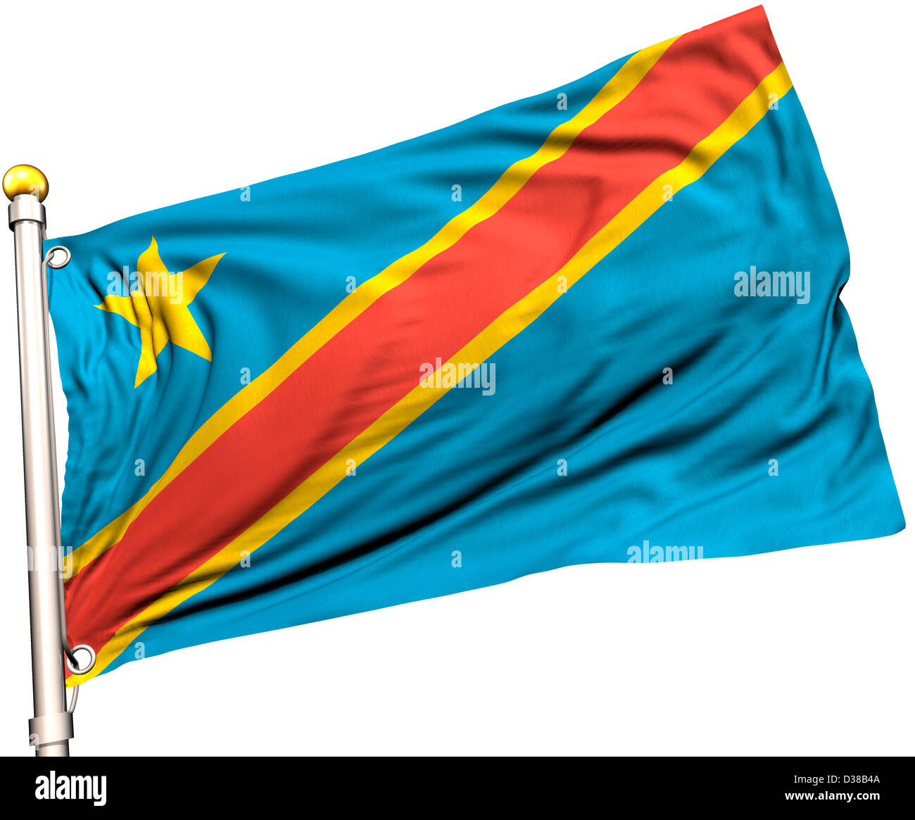 Demokratische Republik Kongo Flagge auf eine Fahnenstange. Clipping-Pfad enthalten. Sichtbar auf die Flagge 100 % Seide Textur. Stockfoto