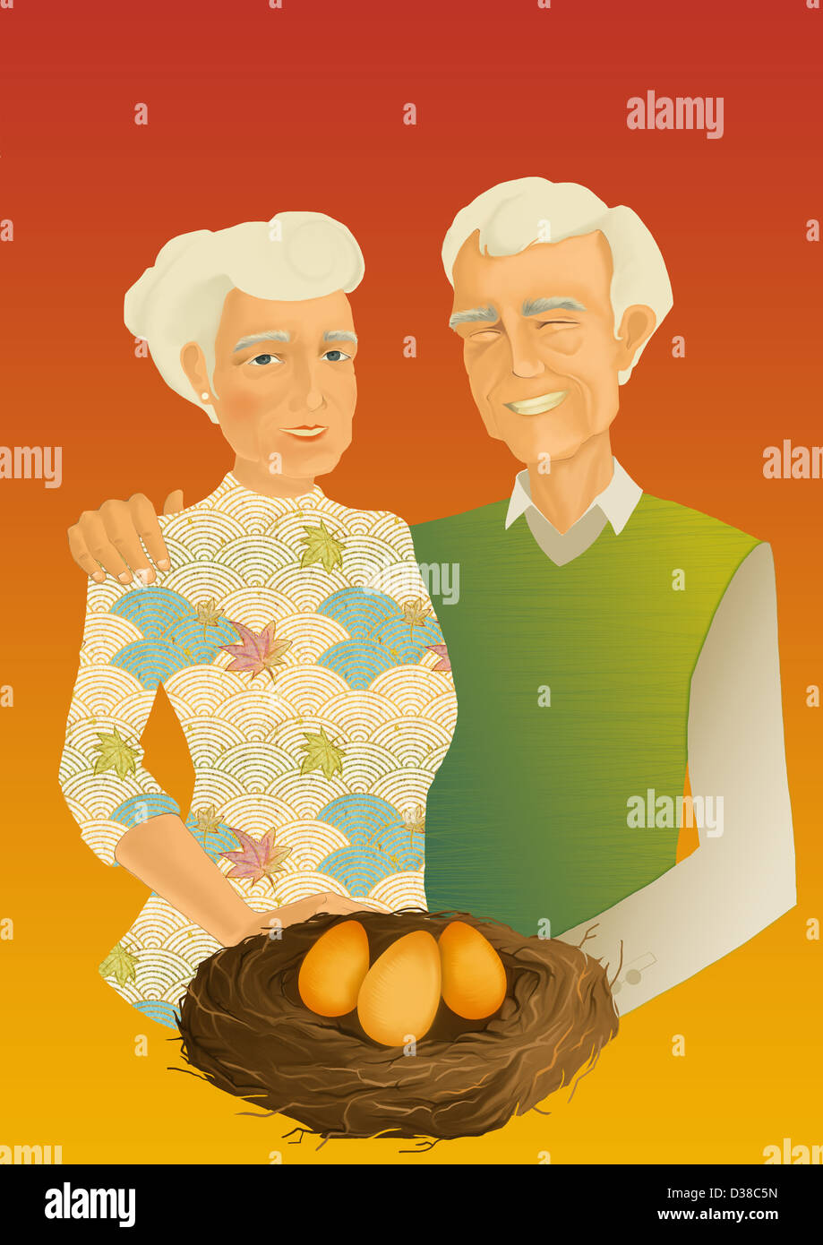 Illustrative Konzept des Paares mit goldenen Eiern aus Rente Stockfoto