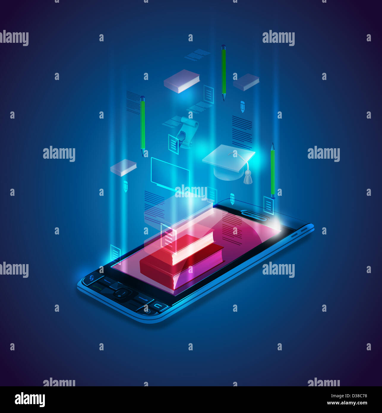 Anschauliches Bild des Mobiltelefons zeigt das Konzept der E-learning Stockfoto