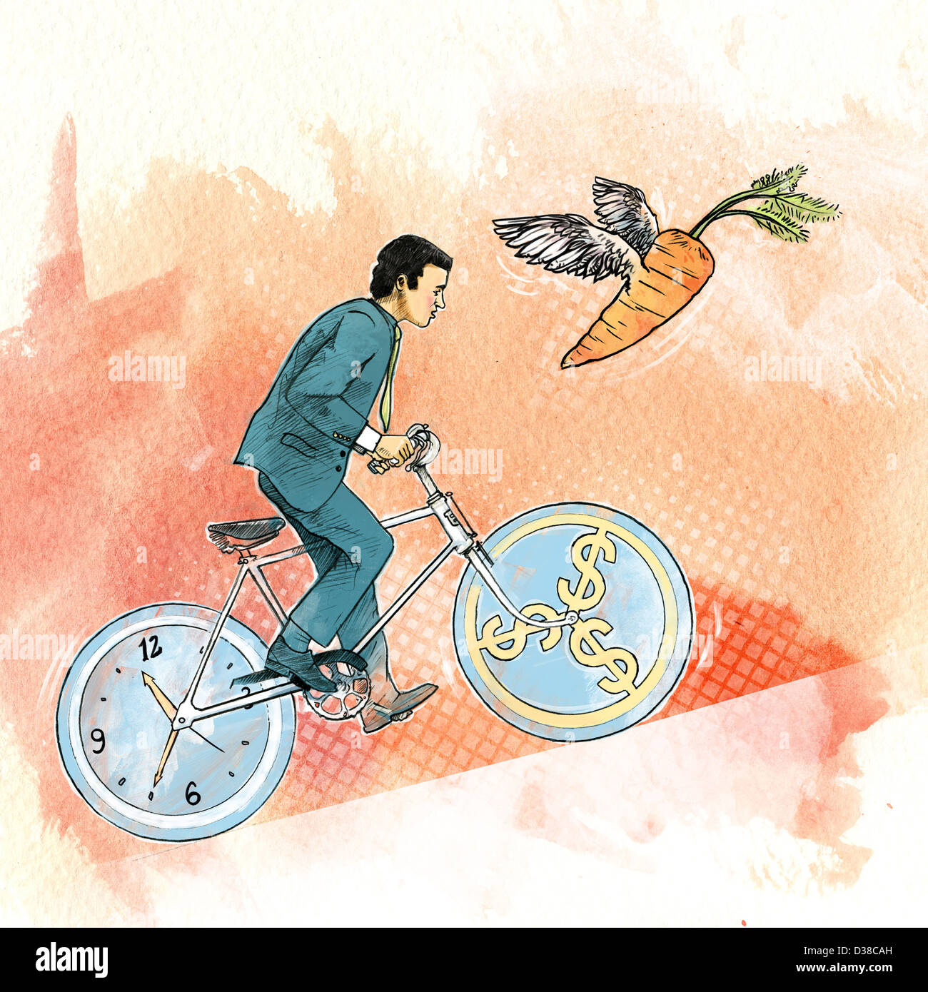 Mann Radfahren mit Rädern als Uhr und Dollarzeichen, Geld und Zeit-Management darstellt Stockfoto