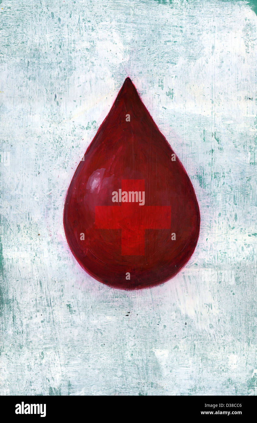 Anschauliches Bild von Kreuz in einem roten Tropfen, Blutspende darstellt Stockfoto